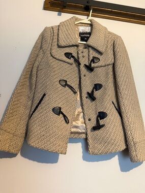 Kensie Beige Knit Toggle Pea Coat with Black Accents